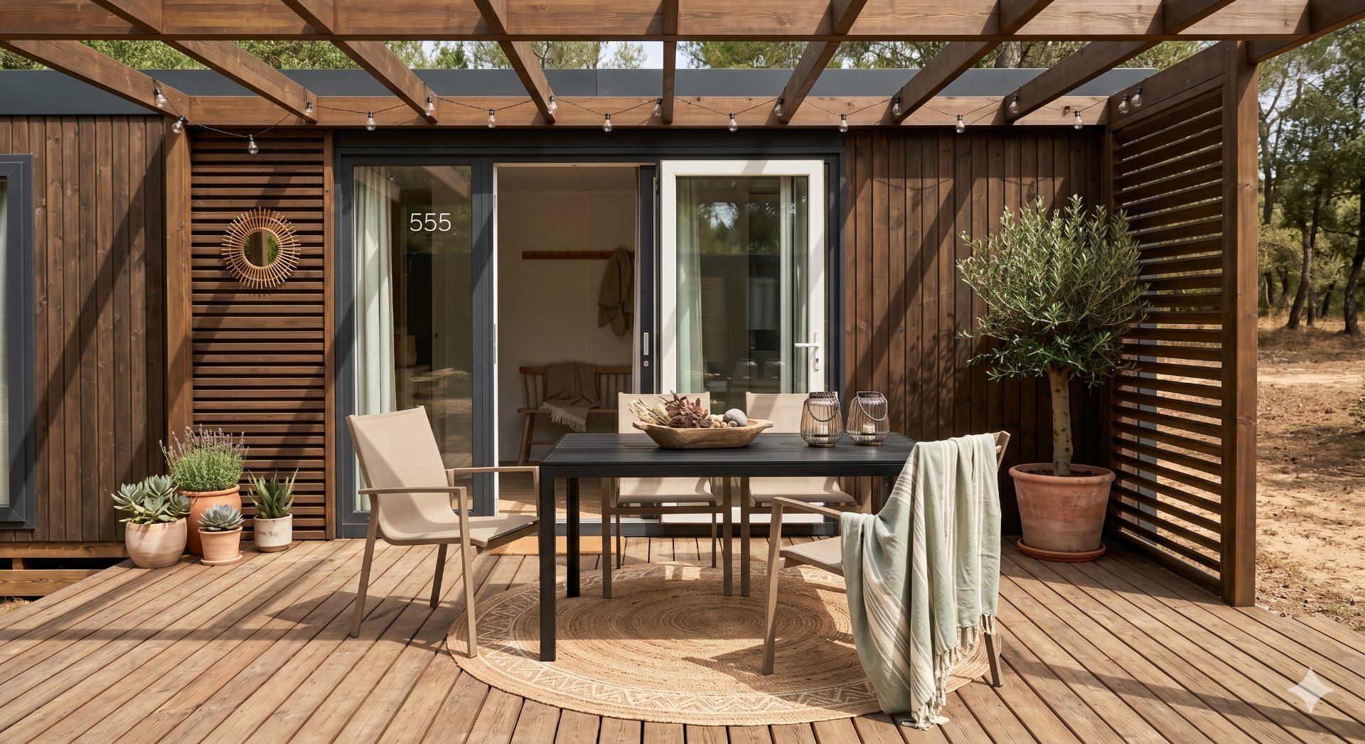 Terrasse en bois sous la pergola