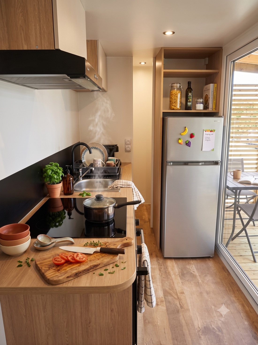 Cuisine et grand séjour du mobil-home 3 chambres