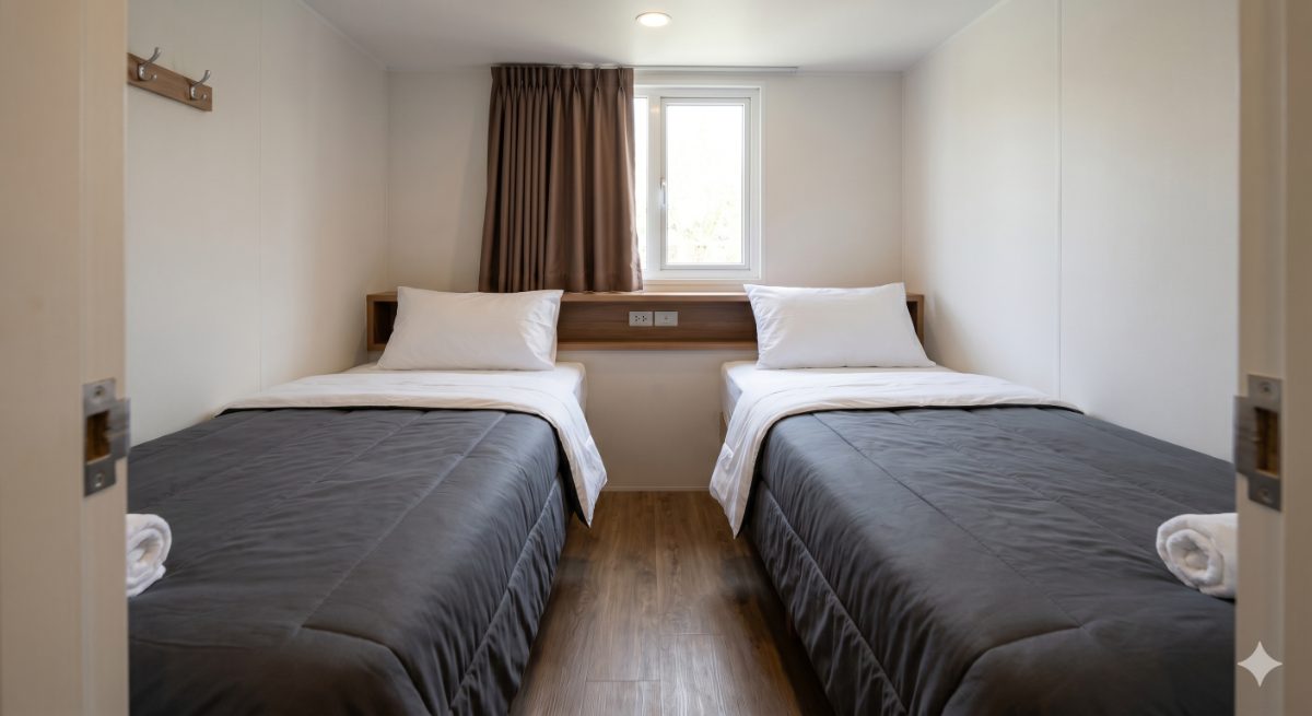 Chambre à deux lits d'un mobil-home 3 chambres