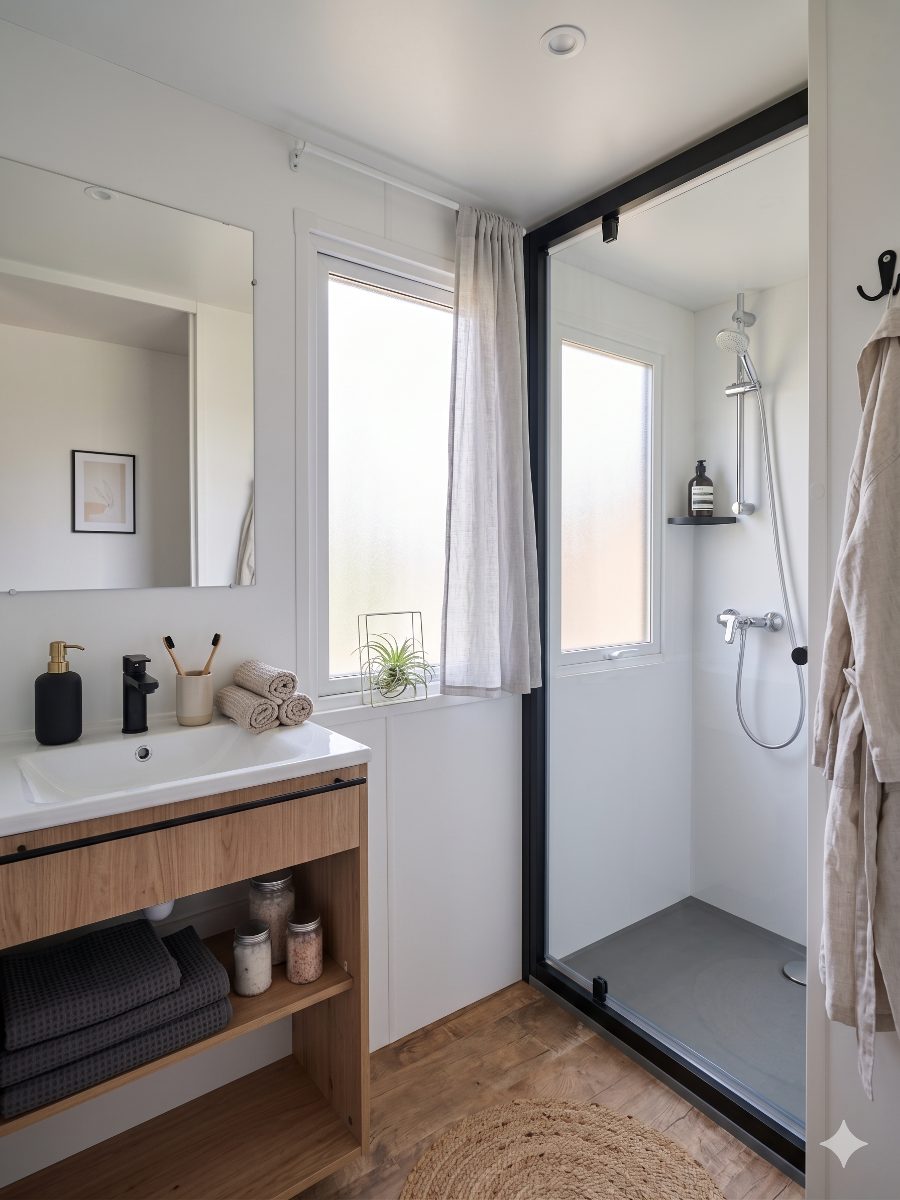 Salle d'eau avec douche et meuble vasque